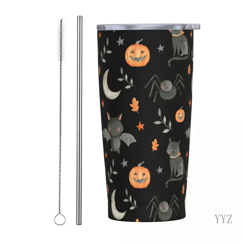 Изолированный стакан для Хэллоуина с соломинкой и крышкой Тыква Луна Кот паук