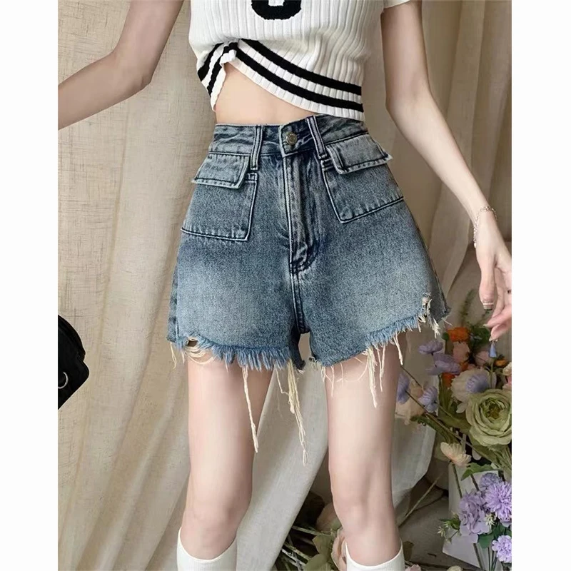Y2k Shorts For Women Short Jeans Raw Edge Light Blue Baggy 2000s Korean Style Fashion High Waist Straight 2023 Mini Denim Pants