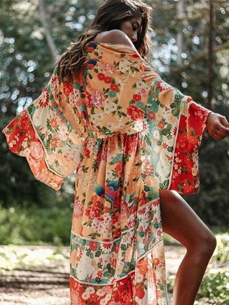 

Floral Beach Cover Up Chiffon Kimono Batwing Sleeve Maxi Wrap Dresses Summer Swimwear Swimsuit Cape Pareos De Playa Mujer