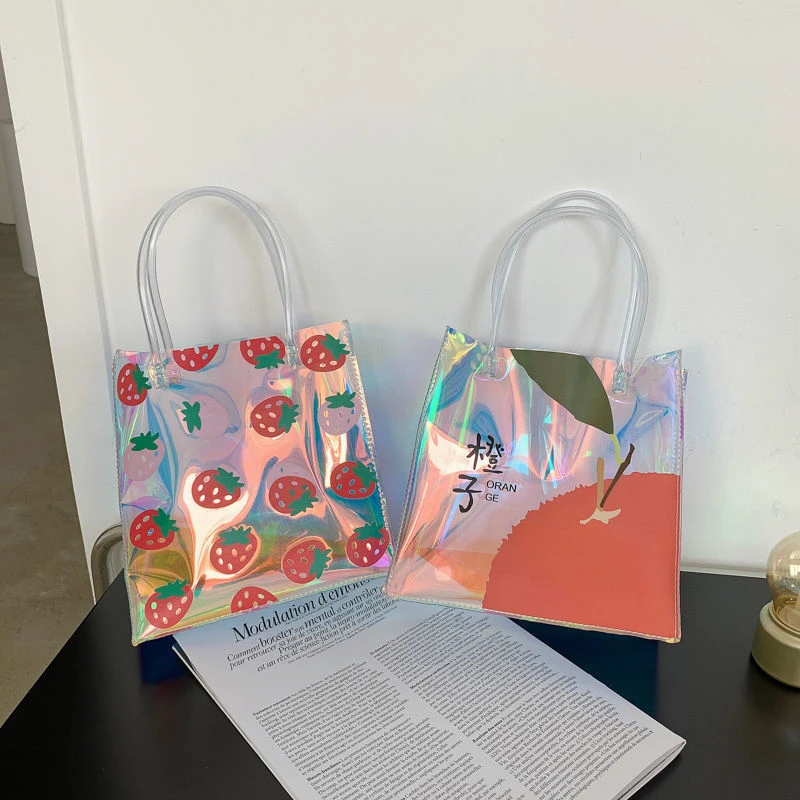 

Women Laser Handbag PVC Cartoon Lunch Package Summer Shopping Simple Sthdents Girls Clutch Portable Ins Fashion Multifunction