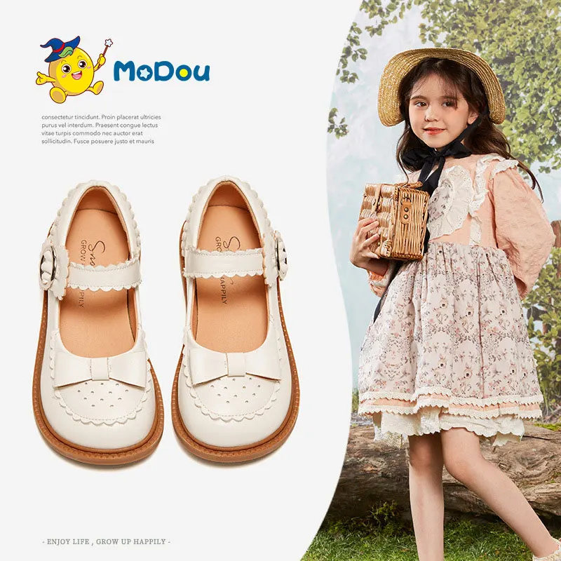 

Mo Dou Girl's Leather Shoes Soft Non-slip Sweet Bowknot Concise Lace Hook and Loop Solid Cozy Fashion Black Small Shoes Princess