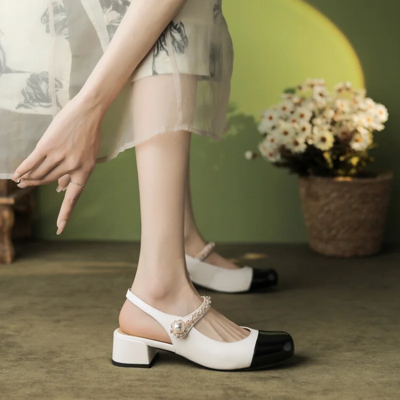 2023 new French small chunky heel Mary Jane women's shoes vintage mid-heel square toe single shoes 573