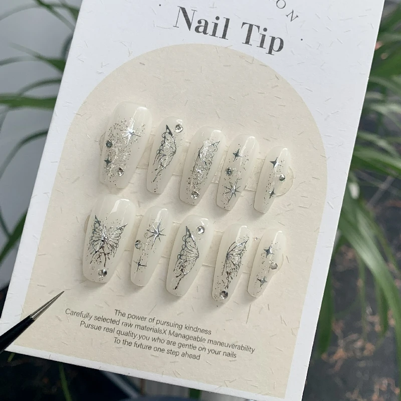 

Набор белых ногтей ручной работы Y2K, прессованные Роскошные Многоразовые Накладные ногти с клеем, акриловые ногти с миндалем