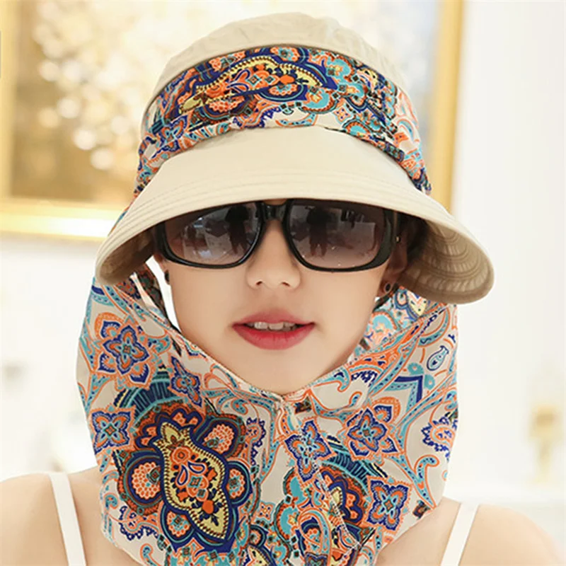 

Lady Women Summer Outdoor Hat Riding Anti-UV Sun Hat Beach Foldable Sunscreen Floral Print Caps Neck Face Wide Brim Hat