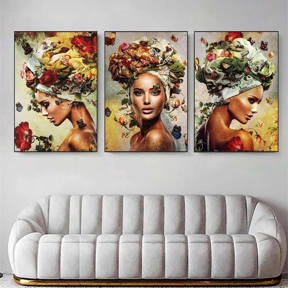 

Ретро африканские женщины цветы холст Картина Бабочка девушки фотообои Декор картина для комнаты домашний декор