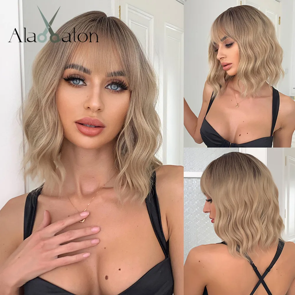 

ALAN EATON Light Brown Short Bob Wigs with Bangs Natural Wave Ombre Synthetic Wig High Temperature Fiber for Women Daily Cosplay