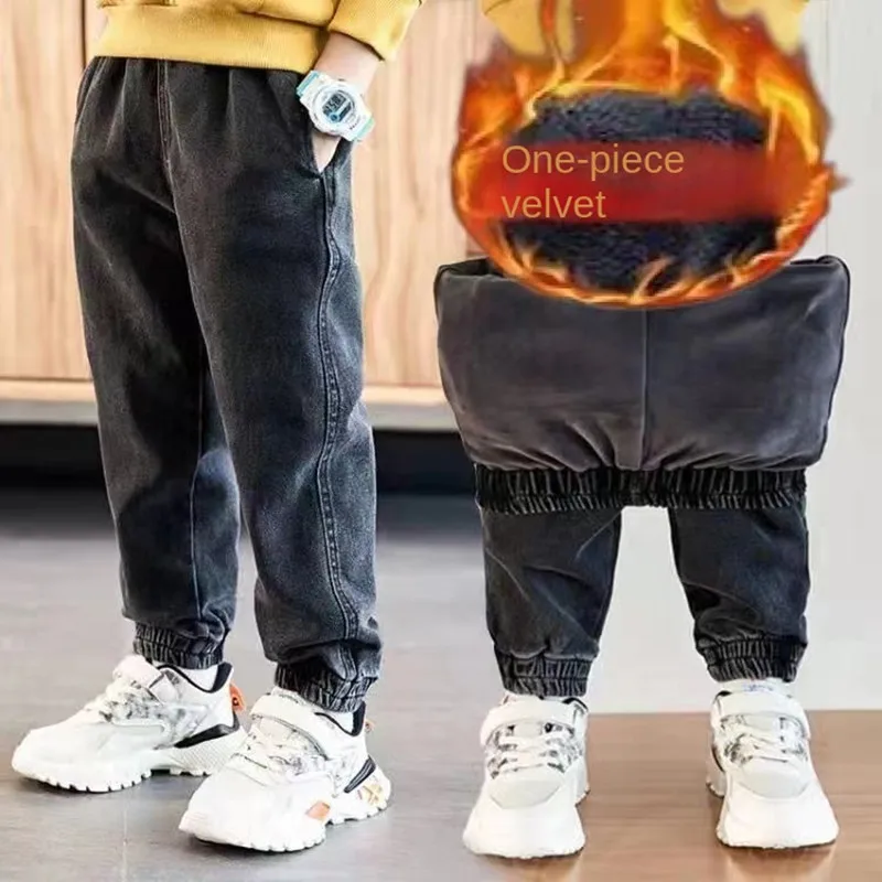 

2022 New Winter Warm Jeans Pants for Boys Children Plus Velvet Thick Denim Trousers 3-12Y Teen Boys Outfits Autumn Casual Pants