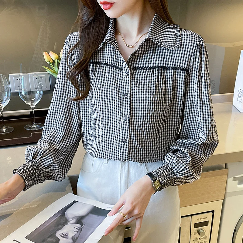 

Vintage Lantern Sleeve Ladies Tops Women's Shirt Blouse Spring Autumn Single Button Up Shirts Blouse Blusas Mujer Koszula Damska