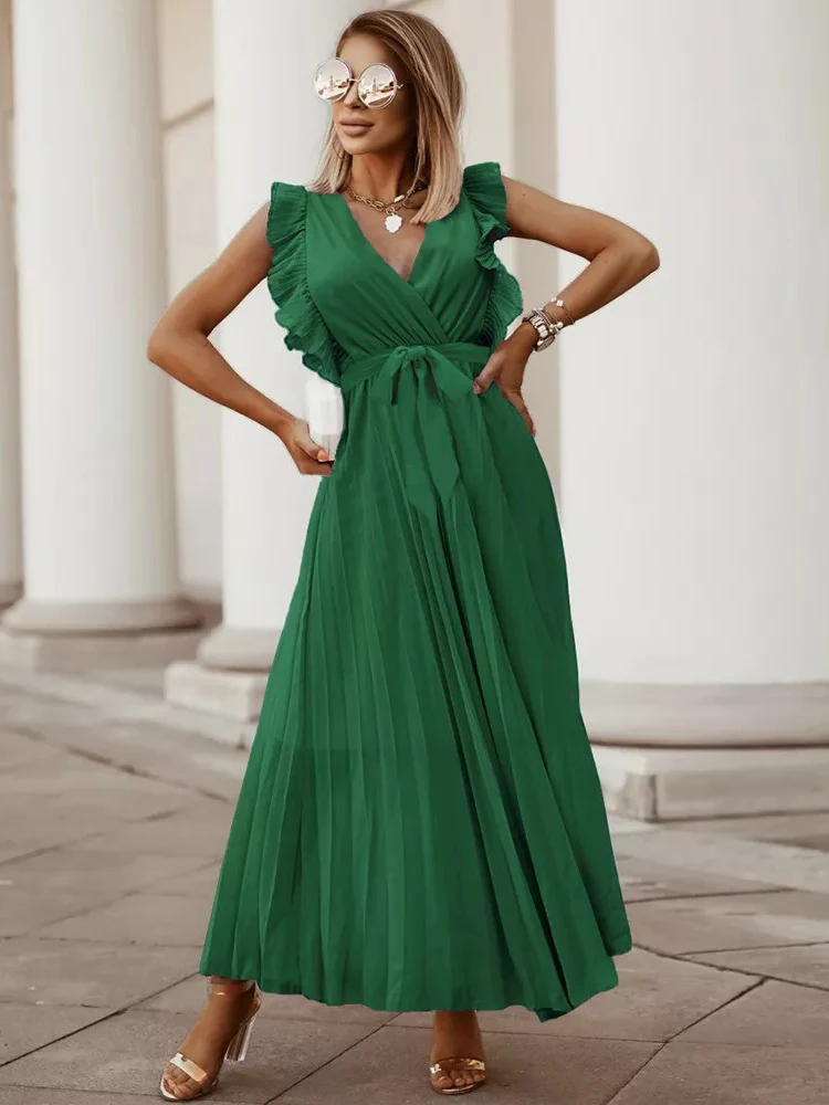 

Trendeez Fashion Elegant Sexy Slim V-Neck Maxi Beach Dress 2022 Summer Lotus Leaf Sleeve Midi Vestidos Robes