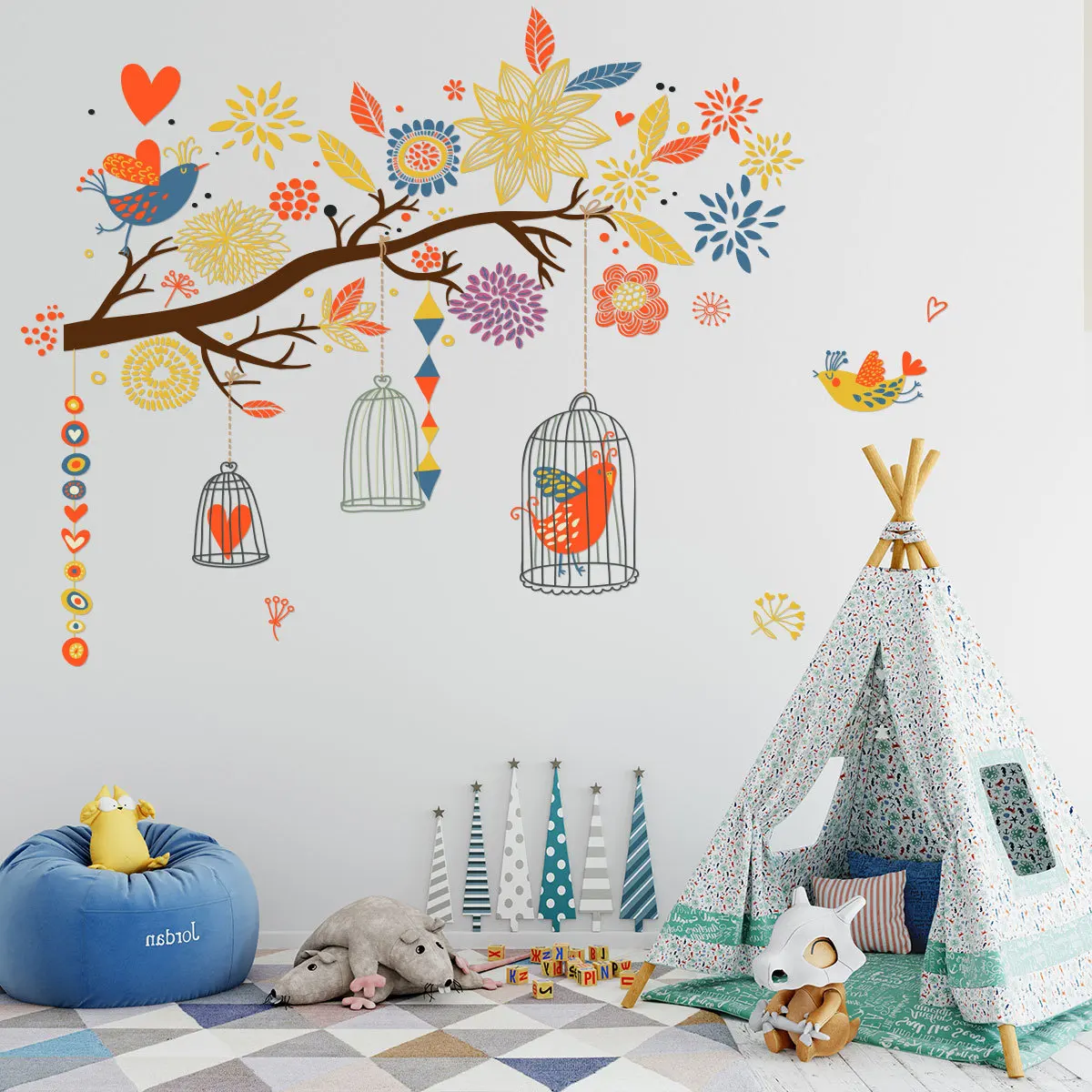 

Colorful Branch Bird Cage Wall Sticker Living Room Bedroom Home Decor Wall Paper Kids Room Art Decals Creative Wall Stickers