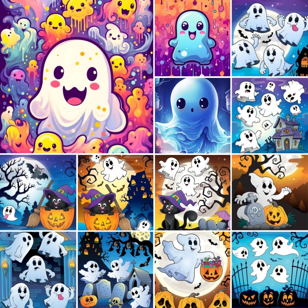 Алмазная 5D картина на Хэллоуин милая Красочная с мультяшным призраком полная