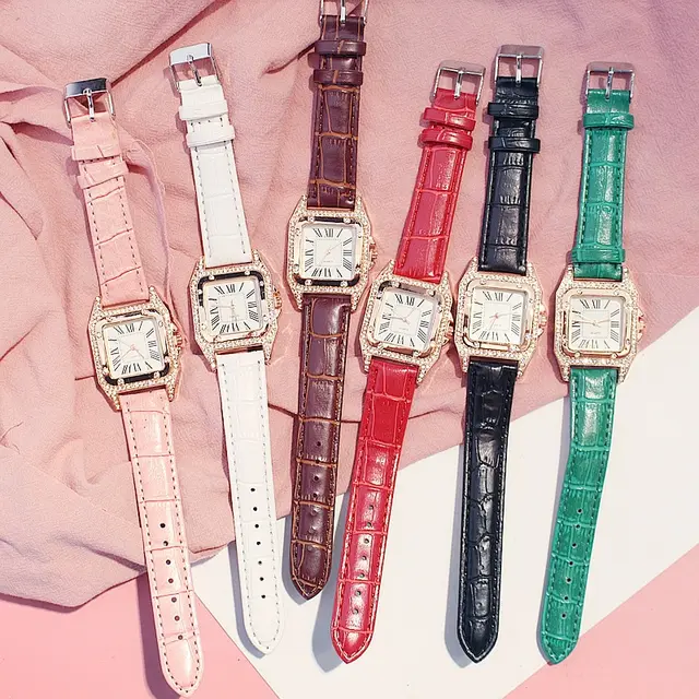 2pcs Women Diamond Watch Starry Square Dial Bracelet Watches Set Ladies Leather Band Quartz Wristwatch Female Clock(No Box) 4