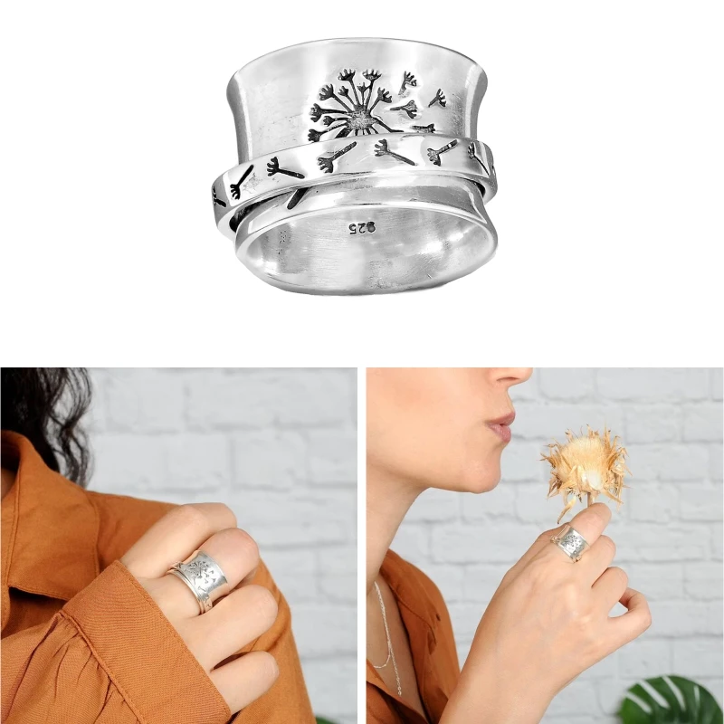 

Dandelion Spinner Flowers Ring for Women Anxiety Relief Ring Band Meditation Ring Wide Statement Chunky Jewelry