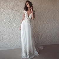 boho wedding dress 2022 sheathcolumn v neck cap sleeves beach wedding gown white 3d flowers applique backless bridal dresses
