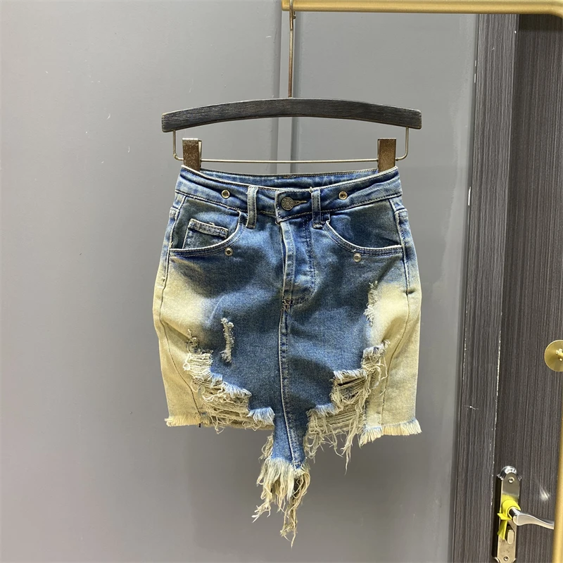 

Ripped Burr Denim Skirt Women's Summer Retro Distressed Slim-Fit Bag Hip Skirts Streetwear Hot Girl Sexy Mini Skirt Mujer