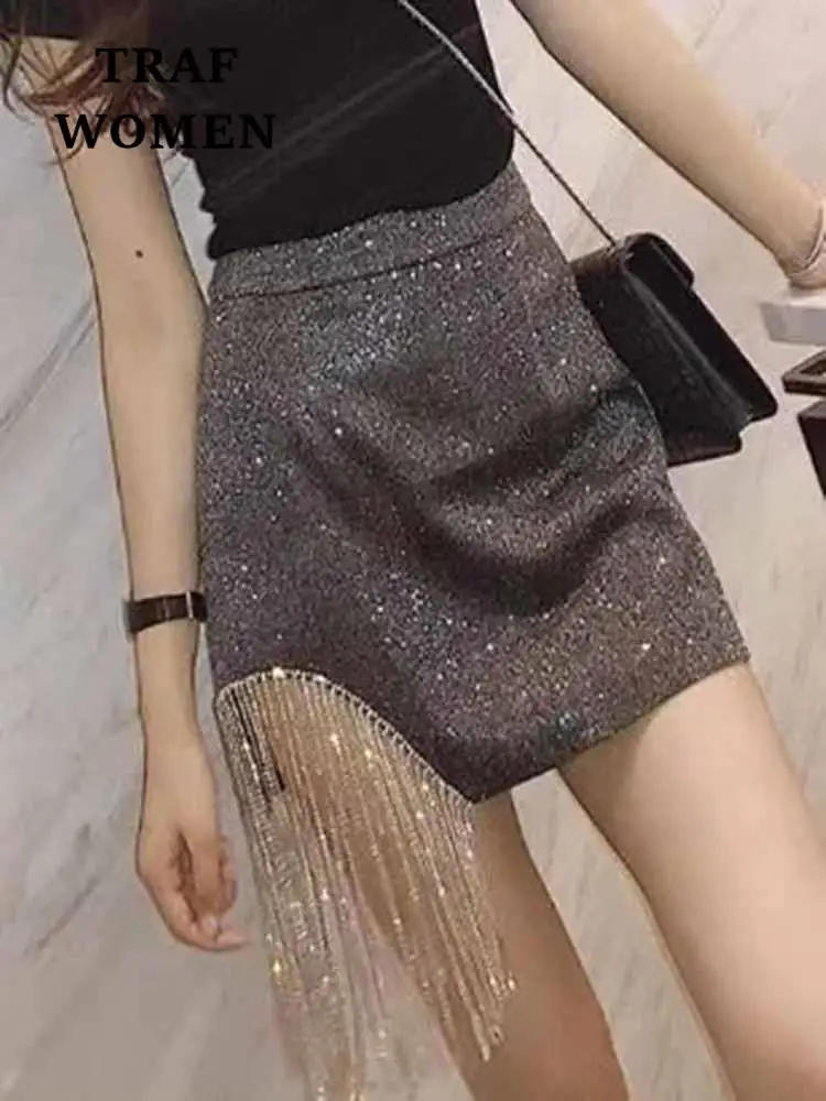 

Юбка женская демисезонная с бахромой, завышенной талией и молнией сзади