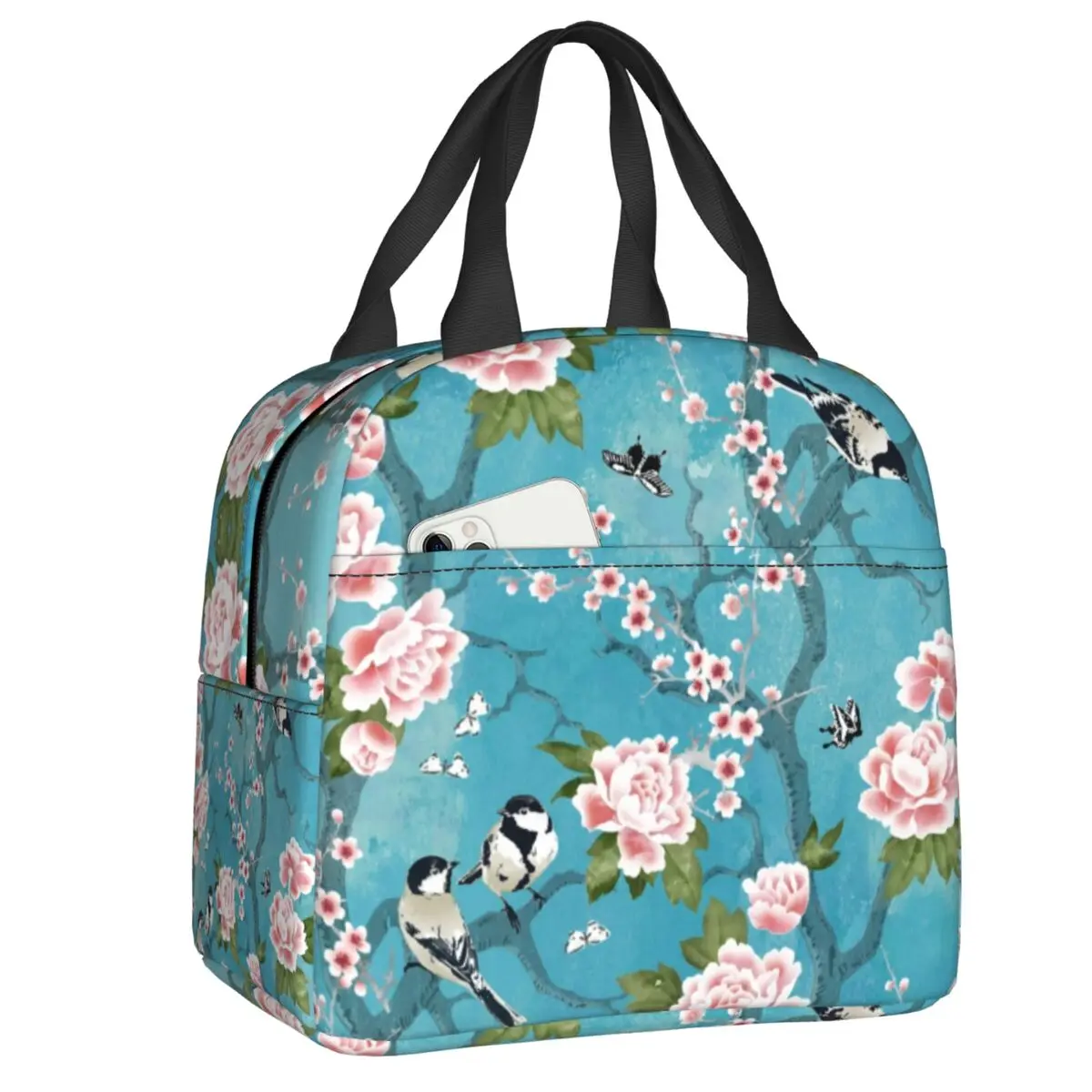 

Chinoiserie Birds Floral Insulated Lunch Bag Women Peony Sakura Flowers Cherry Lunch Tote for School Office Outdoor Food Box