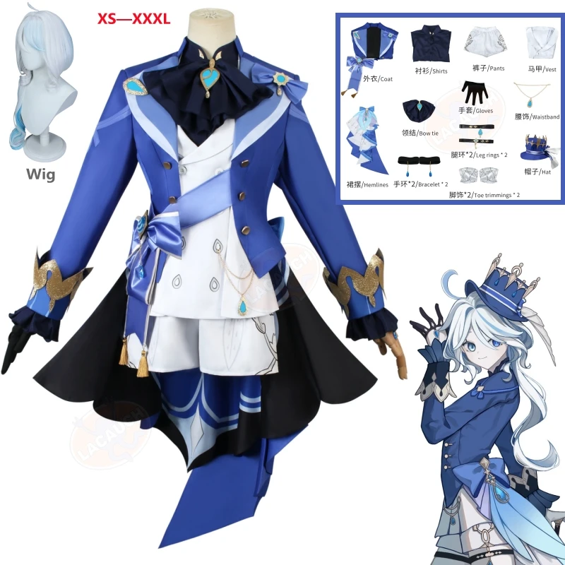 New Role Focalors Cosplay Costume Curly Wig Game Genshin Impact Fontaine God of Justice Hat Hydro Bracelet Carnival Costume