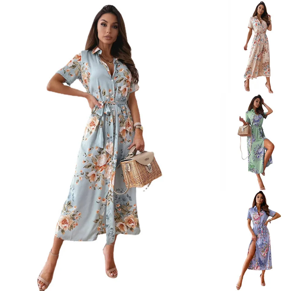 

2022 spring and summer new spring and summer short-sleeved V-neck bohemian shirt dress women's clothing