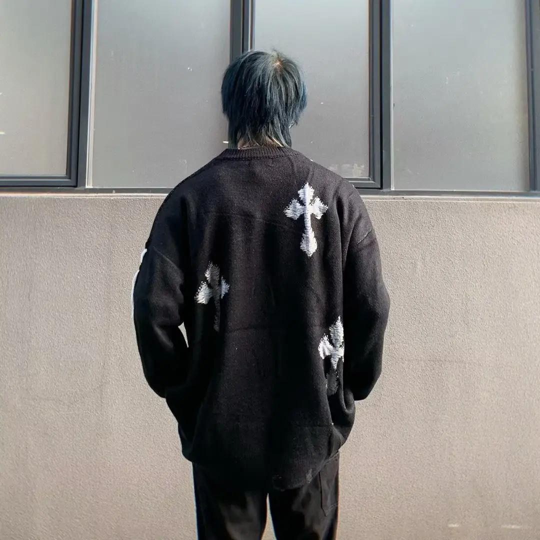 Abfer Autumn Winter Vintage Knitted Sweater Men High Street Cross Gothic Pullover Male Hip Hop Sweaters Casual Oversized Jumper