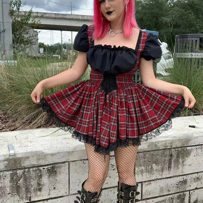 

Fairy Grunge Women Dress Lace Trim High Waist Bodycon Mini Dress 2022 Summer E-Girl Vintage Punk Harajuku Lolita Gothic Clothes
