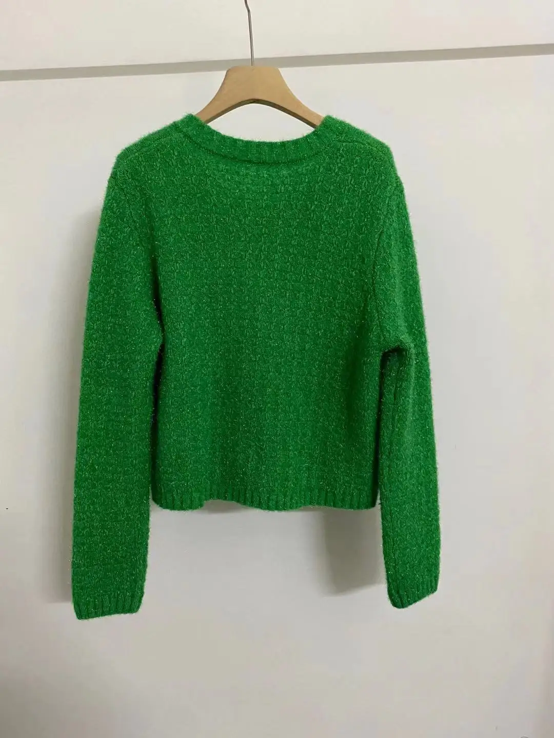 

Women Knitted Cardigan Green O-Neck Single Breasted Double Pockets with Rhinestones Long Sleeve Sweater