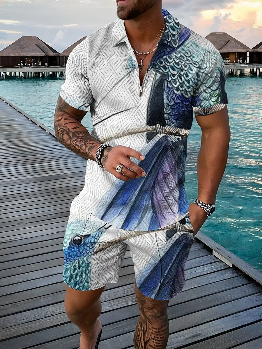 Men 3D Print New Bird Feather Pattern Pop Fashion Oversized Cool Street Beach Clothing Breathable Luxury Brand Two-Piece POLO