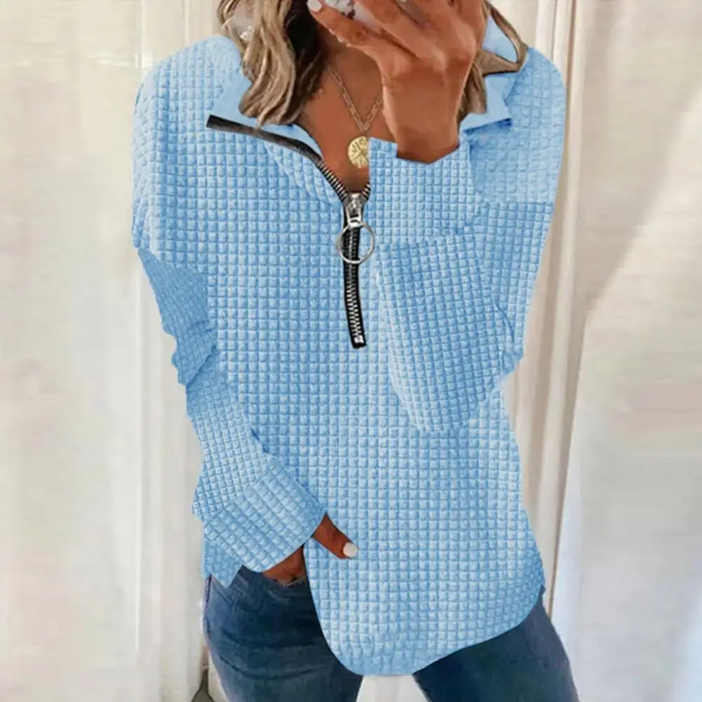 

Ladies Fall Spring Sweatshirt Loose Zipper Check Texture Casual Women Top Soft Turn-down Collar Long Sleeve Lady Top Blouse