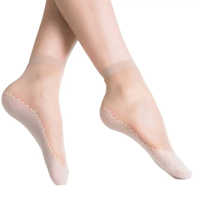 Sweat Absorbing Short Silk 5 Pairs Set Cotton Bottom Anti-Skid Footbed Socks Sheer & Thin Fetish Sock Woman Fantasty Summer Time