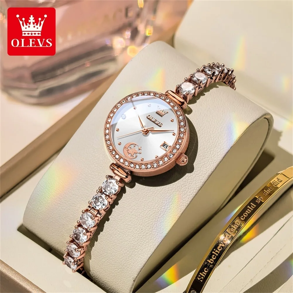 Фото Часы OLEVS 2998 Elegance с кварцевым механизмом для женщин, дизайн «Звезды, Луна, Единорог», водонепроницаемость 30 м, минималистичный циферблат, романтический календарь. №1