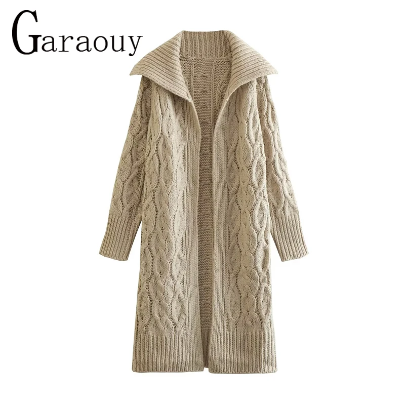 Garaouy 2022 Knit Long Jacket Women Chic Twist Weaving Large Lapels Sweater Coat Thicken Warm Loose Casual Cardigan Female Robe