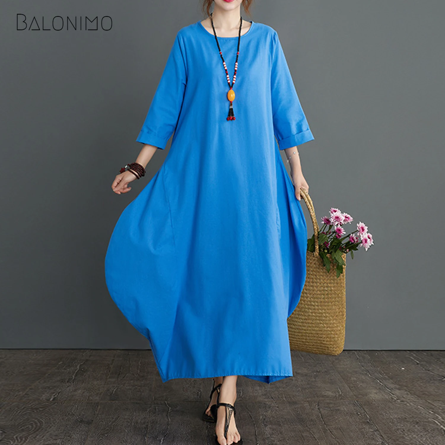 Balonimo Maxi Dresses Women New Casual Long Dress Cotton Clothes O-Neck Spring Autumn Vintage Three Quarter Sleeve Loose Robe