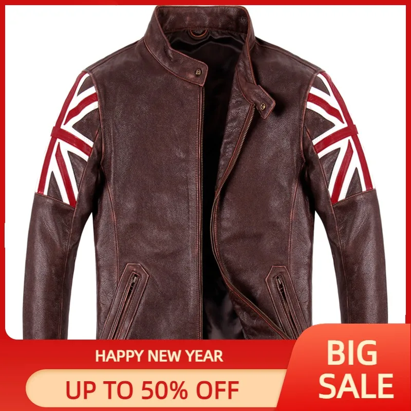 

Мужская винтажная байкерская куртка, коричневая мотоциклетная куртка из натуральной воловьей кожи с воротником-стойкой, осень 2022