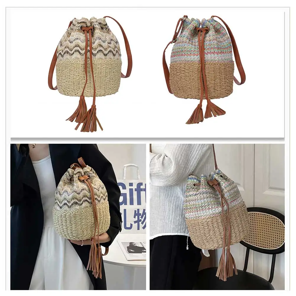 

Women Weave Shoulder Bag Summer Drawstring Tassels Bucket Underarm Bag Fashion Handmade Simple Casual Beach Purse Bag 2023 сумка