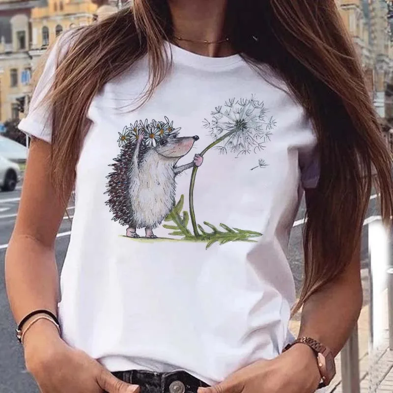 

Hedgehog with Dandelion Funny Women T Shirts New Fashion T-shirt Female Tops Shirt 90s Girls Ladies Casual Round Neck Tshirts