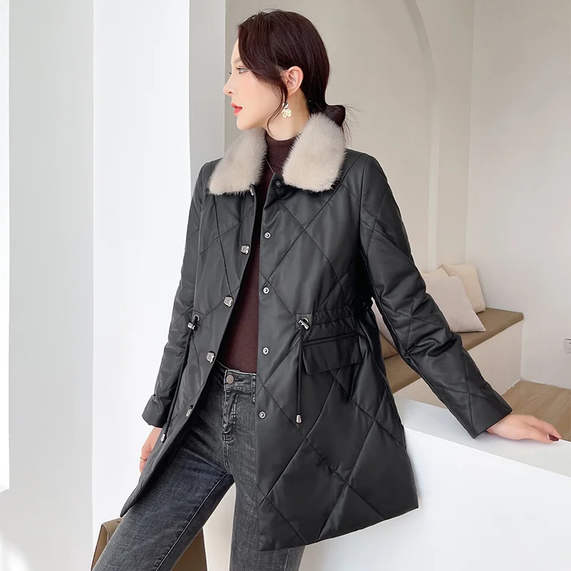 

Down Genuine Jacket Women 2023 Winter New Waisted Sheepskin Female Mink Collar Loose Leather Coat Jaqueta Feminina