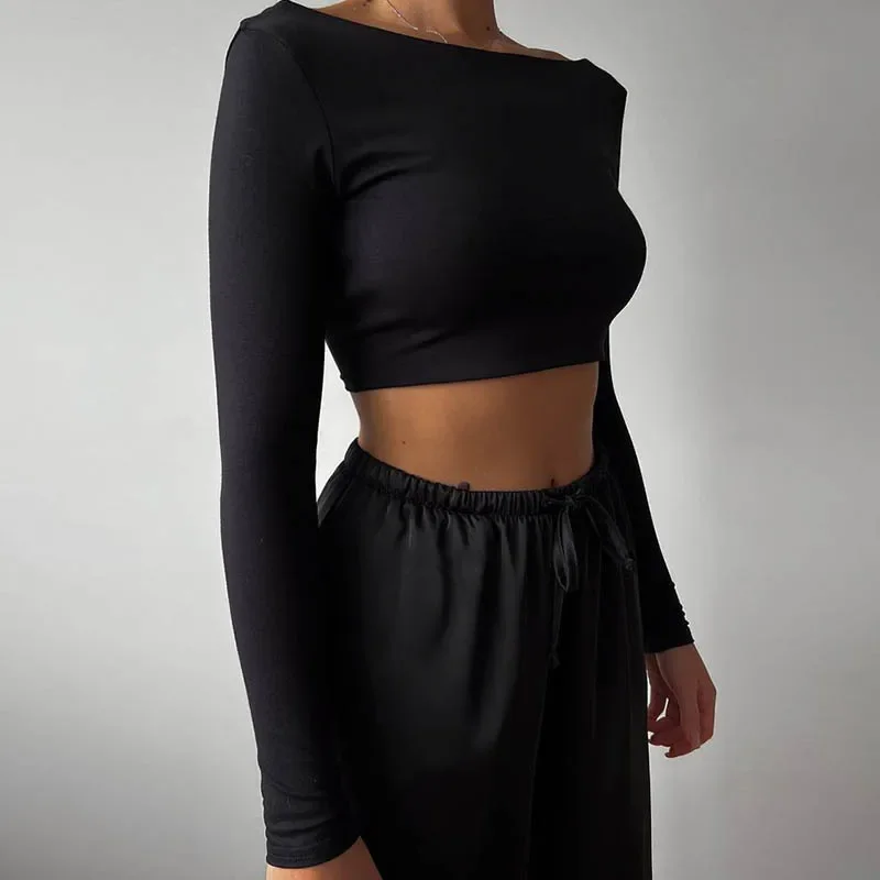 Осень 2024 новая сексуальная однотонная футболка с длинными рукавами и открытой