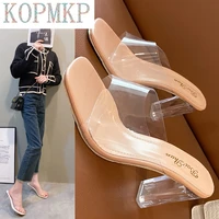 2022 summer thick heeled crystal high heeled fashion slippers female transparent word with square toe sandals women slippers