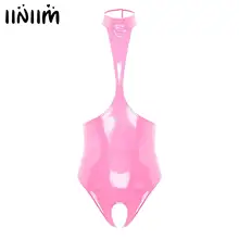 Womens Wet Look Patent Leather Halter Catsuit with 2 Press Buttons Lingerie One Piece Open Chest And Crotchless Teddy Bodysuit