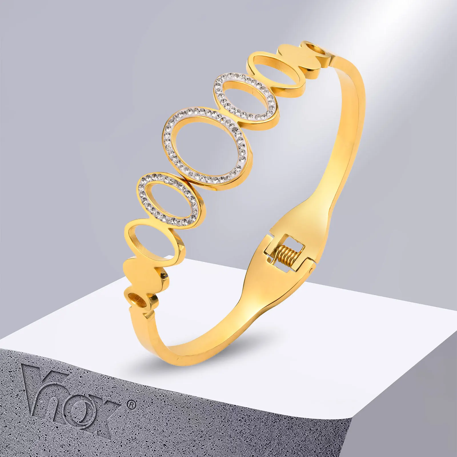 

Vnox Chic Women Cuff Bracelet, Gold Color Stainless Steel Bangle with Oval Round Charm, Retro Jewelry