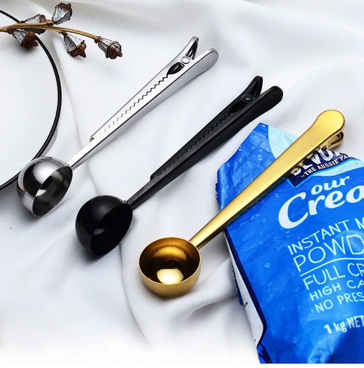

Two-in-one Stainless Steel Coffee Spoon Sealing Clip Kitchen Gold Accessories Recipient Cafe Expresso Cucharilla Decoration