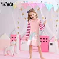 vikita girls dresses hoodies kids unicorn print cartoon vestidos toddlers long sleeve cotton striped hooded dresses for girl