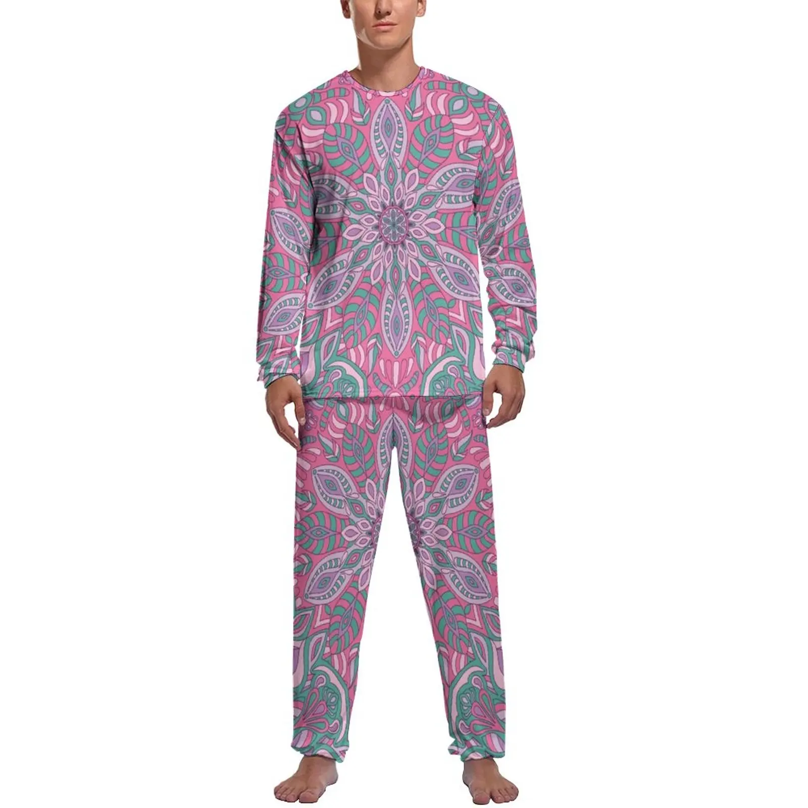 Retro Bohemia Print Pajamas Long Sleeve Pink Mandala 2 Piece Bedroom Pajama Sets Autumn Male Design Fashion Home Suit