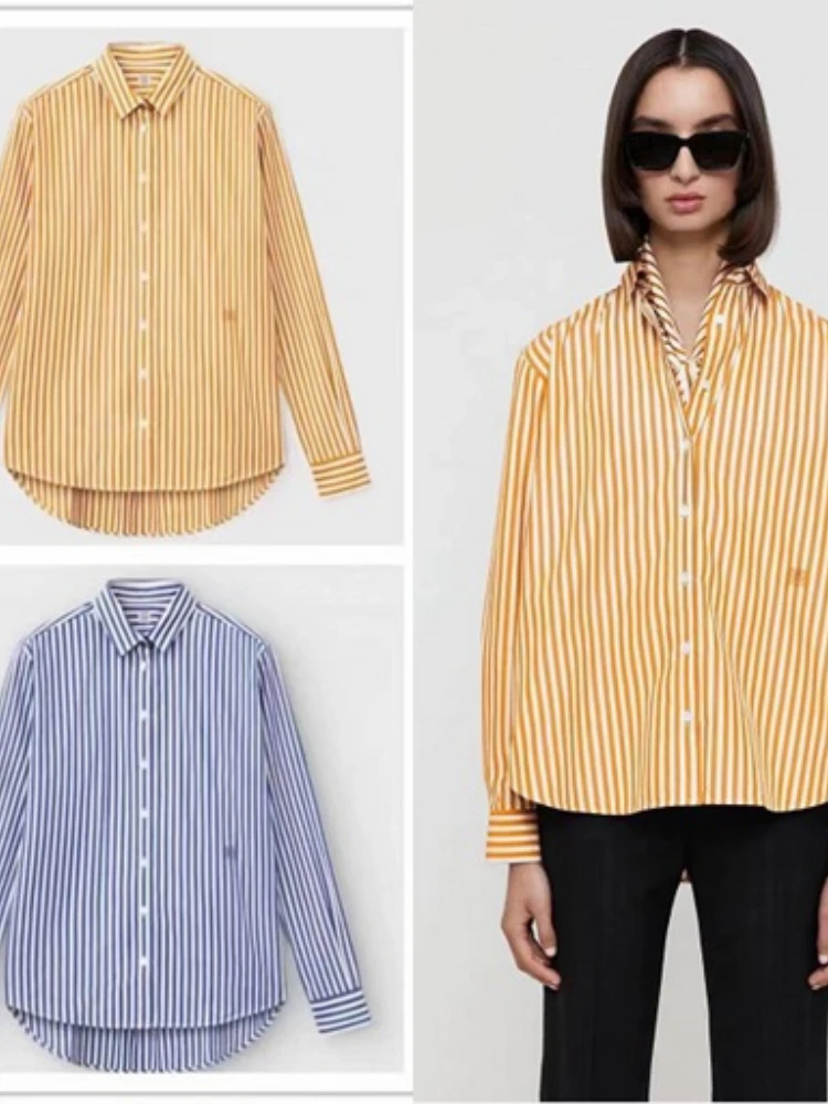 

Women Shirt 2022 New Two-color Striped Embroidered Letter Shirt 100% Cotton Striped Loose Women Casual Shirt