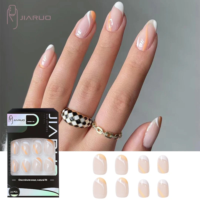 

JIARUO 24PCS/BOX French Press on Short Nail Almond Fake Nail Tips Full Cover Tip Nail Y2k Artificial Nails Nail Kit Repeatable