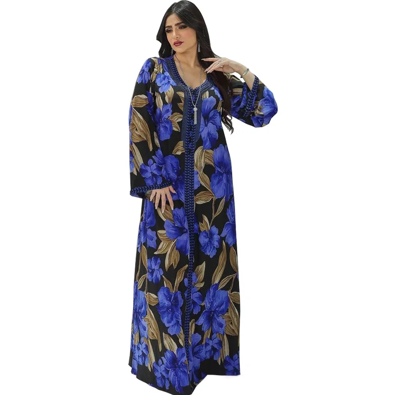 Muslim Clothing Islamic Women Turkey Dubai Abaya Dress Long Sleeve Blue Flower Print Rhinestone Moroccan Loose Fashion Kaftan
