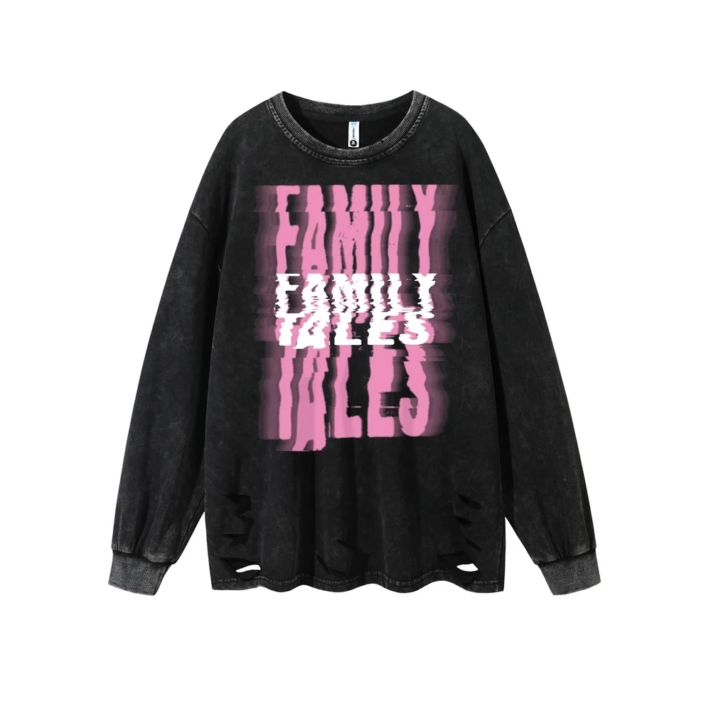 

Gothic Pink Fuzzy Letter Print Ripped T-Shirts Mens Vintage Washed Black Long Sleeve Oversized T-shirts Grunge Men's Tops Tees