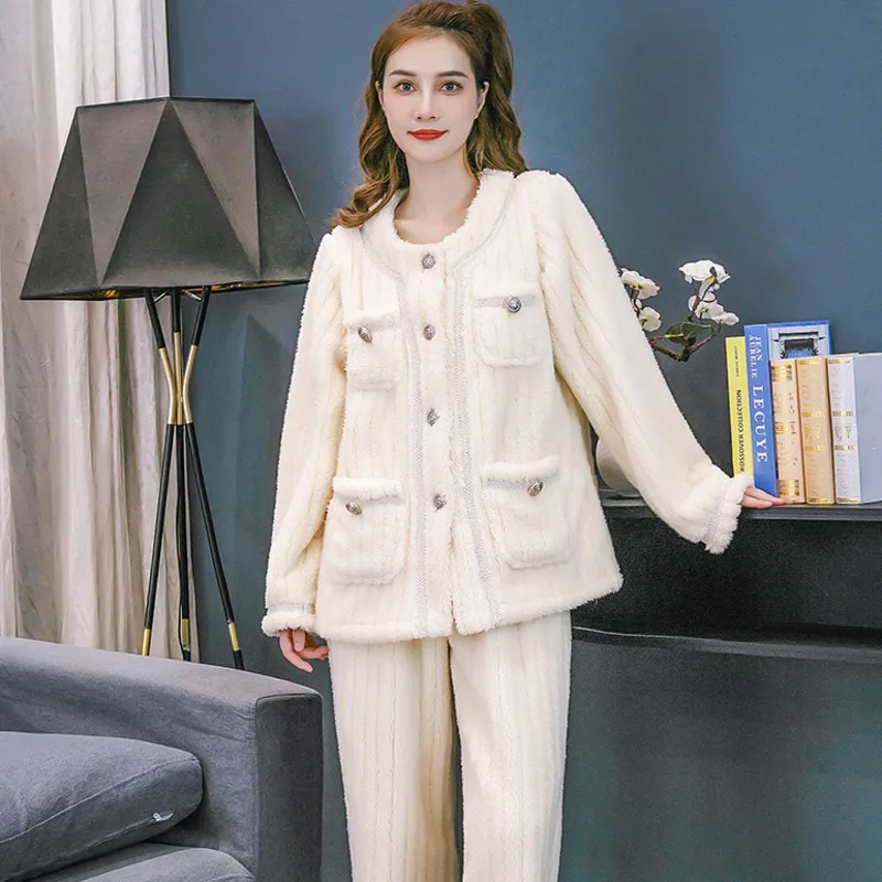 Winter Pajama Set Women Flannel Fleece Warm 2pcs Sleep Suit Pajams Winter Thicken Nighty Thermal Nightwear Pyjama Set Sleepwear