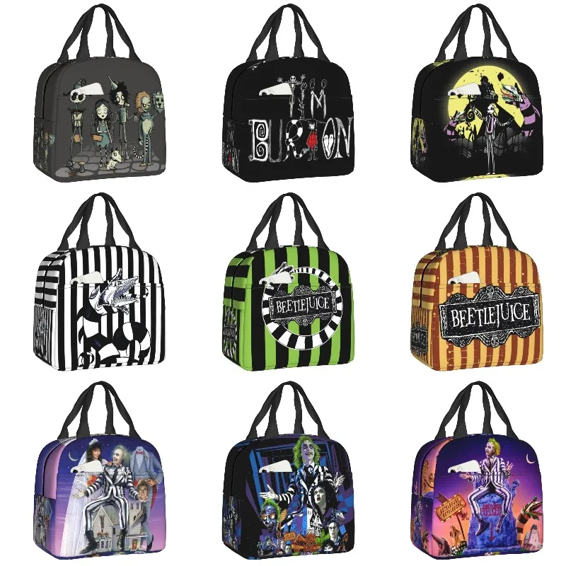 Tim Burton Horror Movie Thermal Insulated Lunch Bag Women Halloween Beetlejuice Resuable Lunch Tote Box for School Food Bags