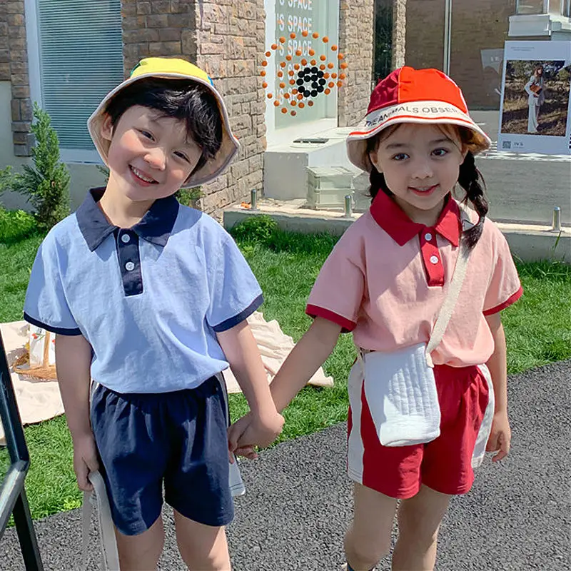 

Kids Sets Shirts Shorts Turn-down Collar Short Sleeve Pullover Soft Elastic Waist Above Knee Length Loose Summer Children Unisex